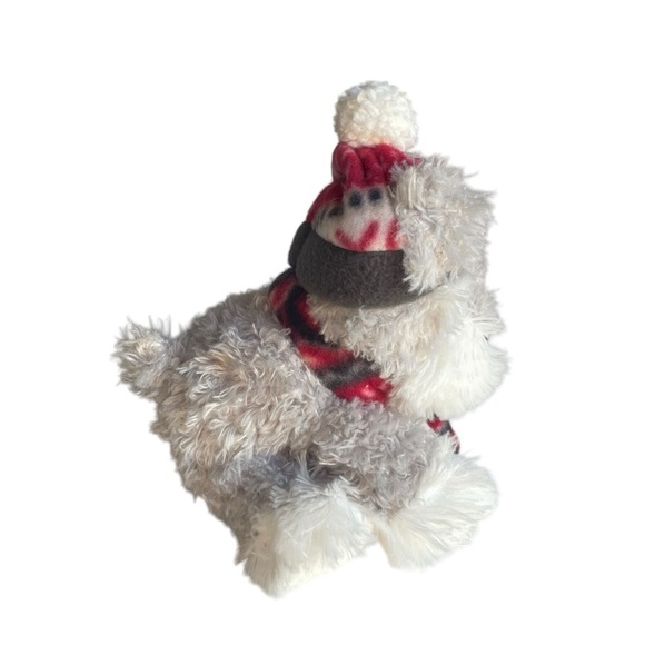 HUGFUN SCHNAUZER GRAY WHITE DOG PLUSH STUFFED ANIMAL WINTER HAT SCARF - Picture 4 of 8